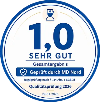 Qualitätssiegel des MD Nord 2026 mit der Bestnote 1,0 für den ambulanten Pflegedienst Impuls in Lübeck.